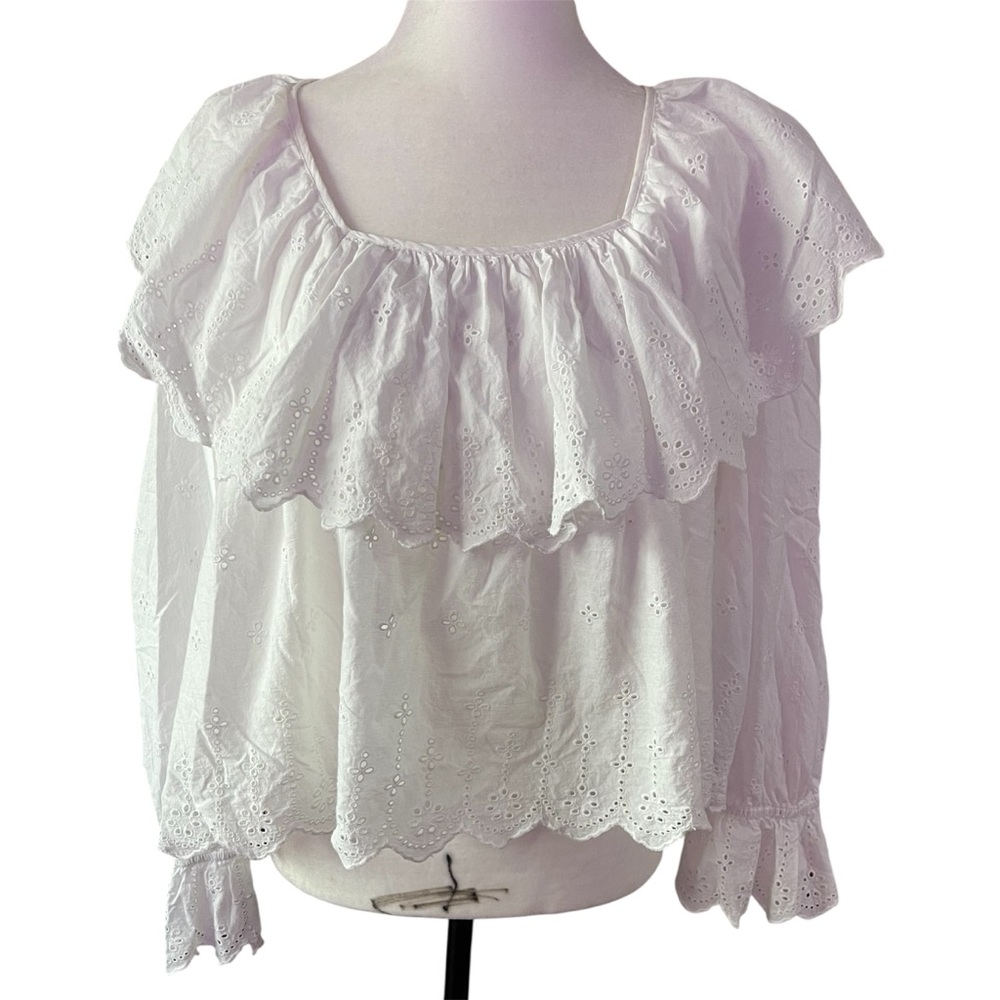 YAS White Eyelet Ruffled Neckline Peasant Blouse US XL